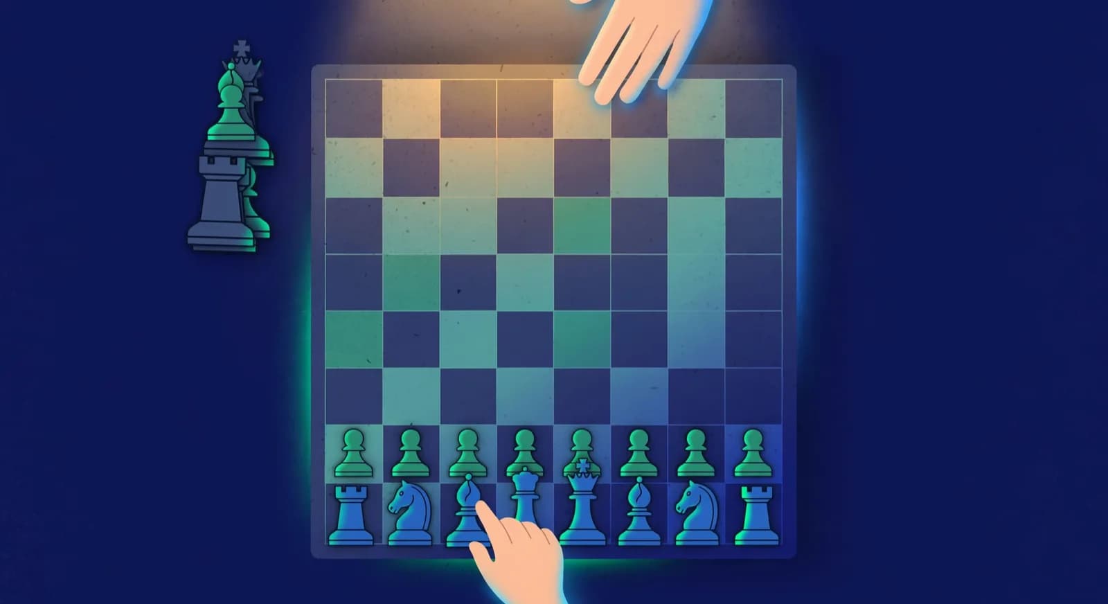 An overhead view of a parent playing without a queen so the child has a fair contest.