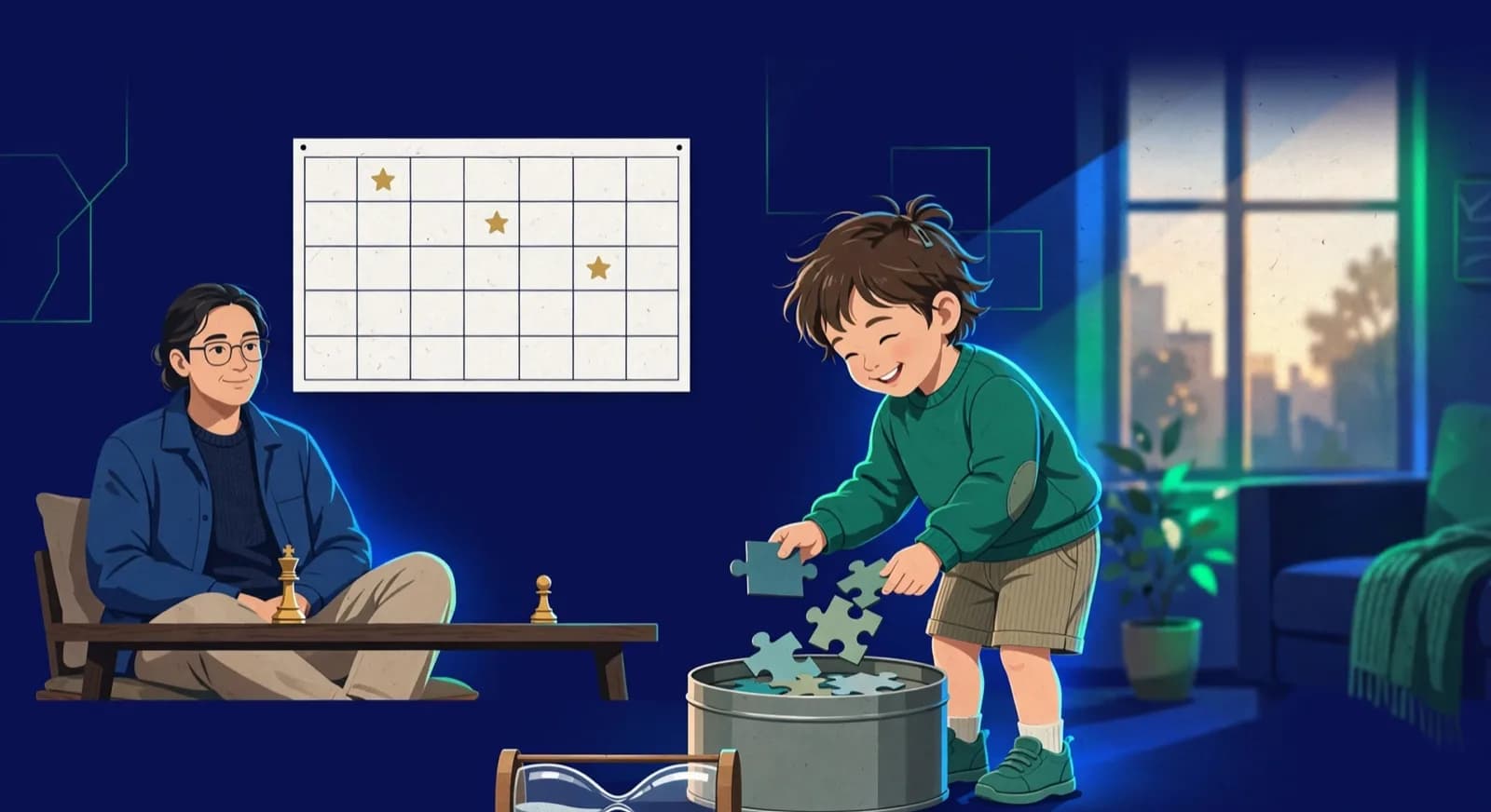 A child packs puzzle cards into a tin after a sand timer empties beside a parent at a low table.