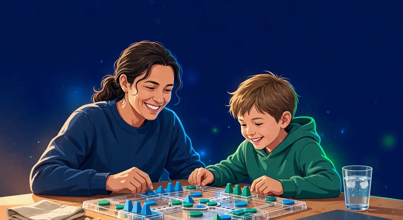 A parent and child playing a short game on a physical board at a kitchen table.