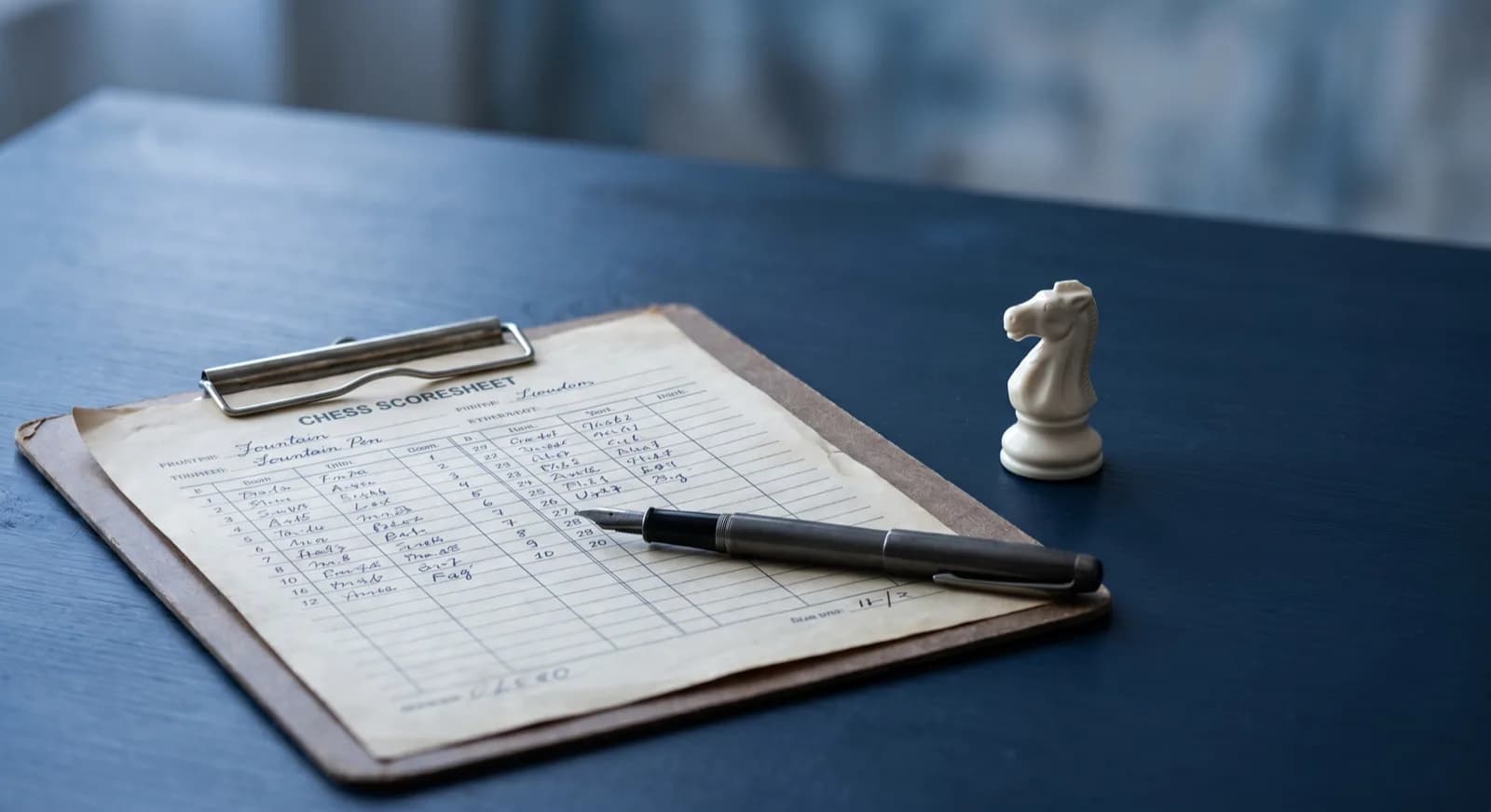 Glassy classroom table with chess boards, a puzzle card, and a clock under soft light