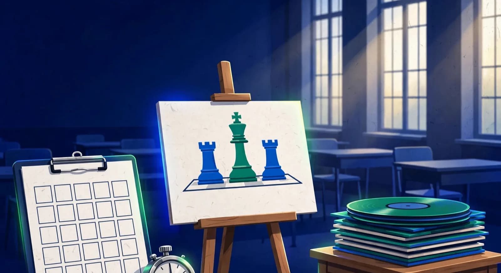 An empty classroom shows a blank six-row clipboard, a kitchen timer, and a demo board set with a king and two rooks.