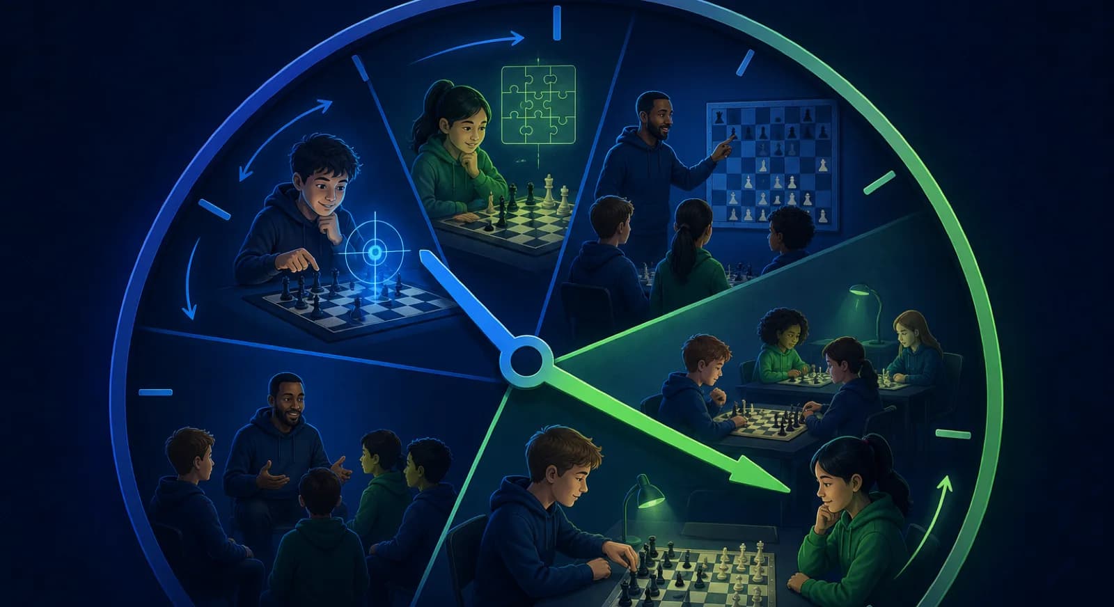 A six phase chess lesson clock gives most time to guided practice and play.
