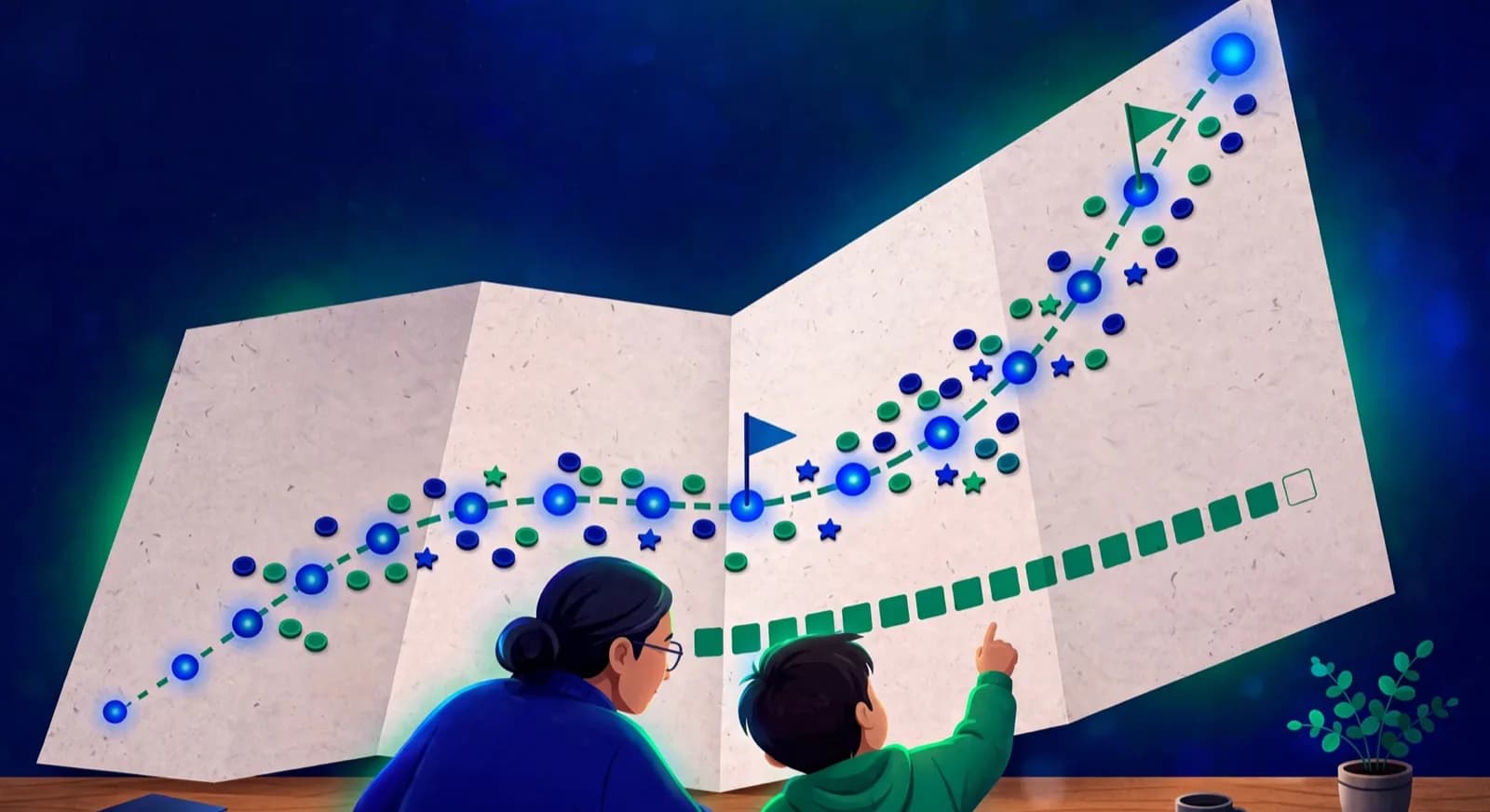Term-end report shown as a season path of games, rating climb, and theme flags.