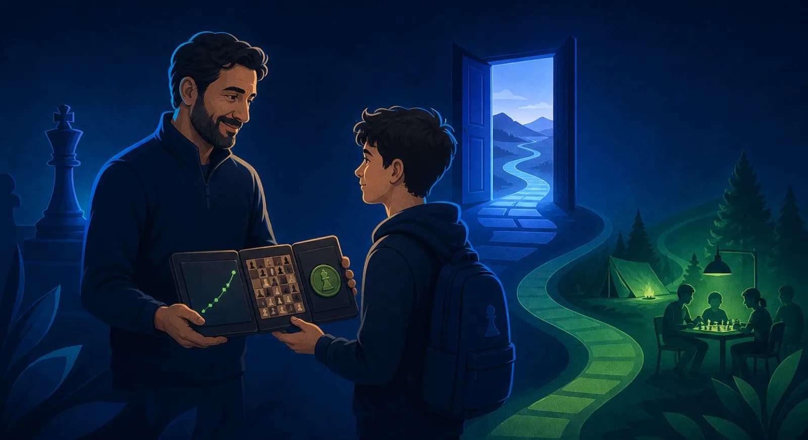 A student leaves a chess academy with a progress summary and a welcoming route back.