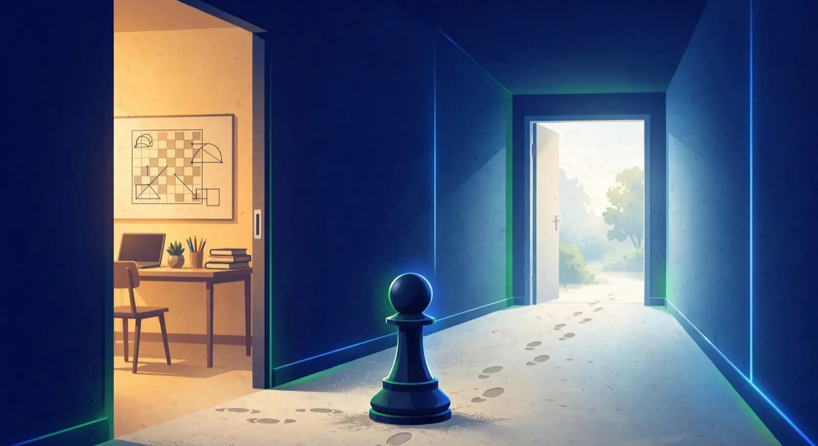 Single pawn at a corridor junction between a lit classroom and an open doorway outside.