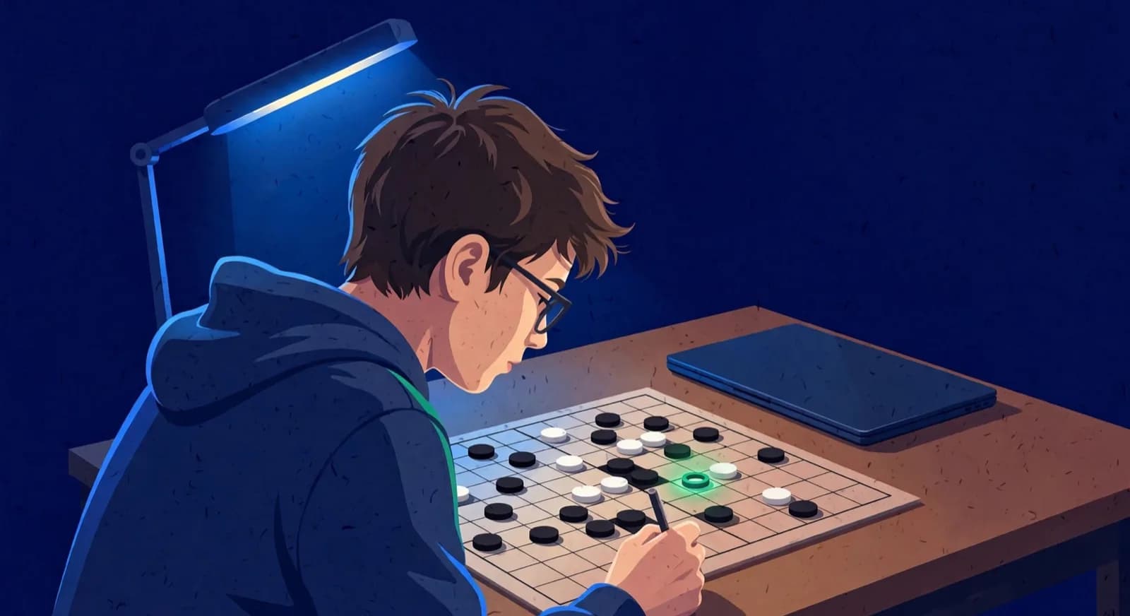 A student finding the turning move of a loss on a board before opening an engine.