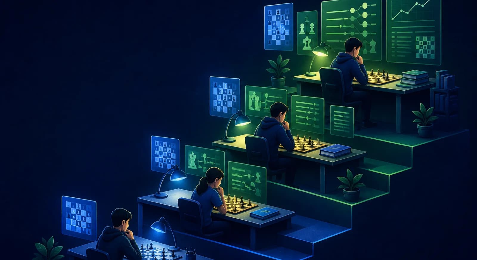Four study levels show how tactics, endgames, openings, and review change with strength.