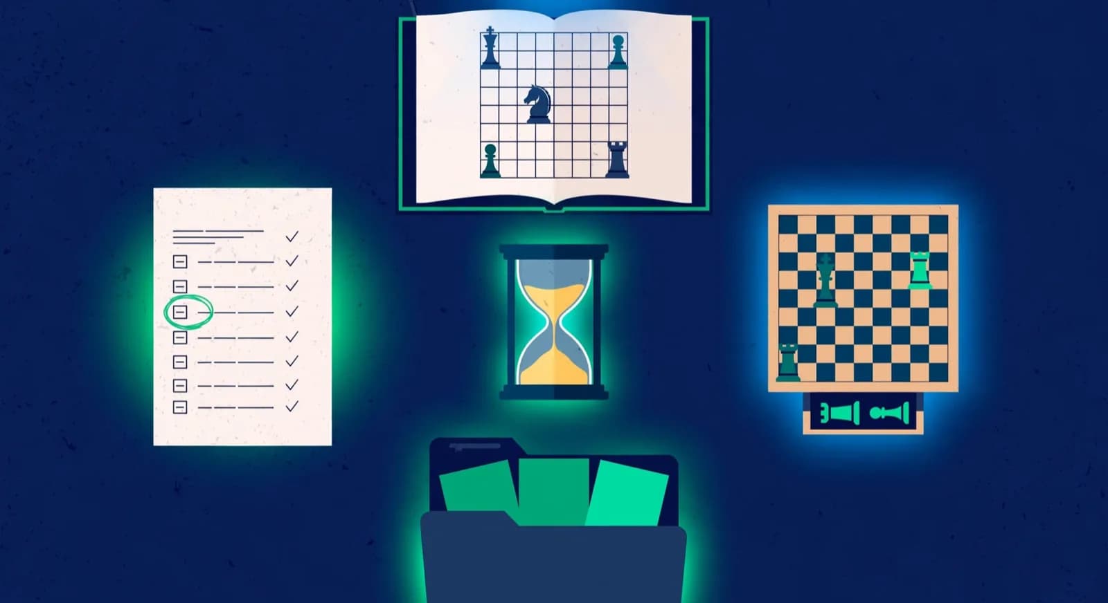 Four study stations for tactics, endgames, openings, and game review around a sand timer.