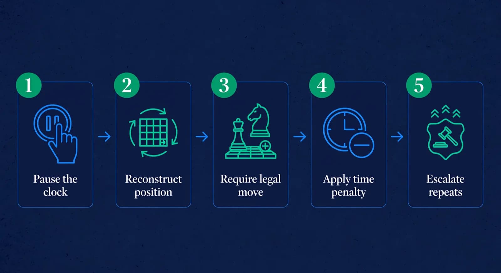 Five steps for handling an illegal move from pausing the clock to escalation.