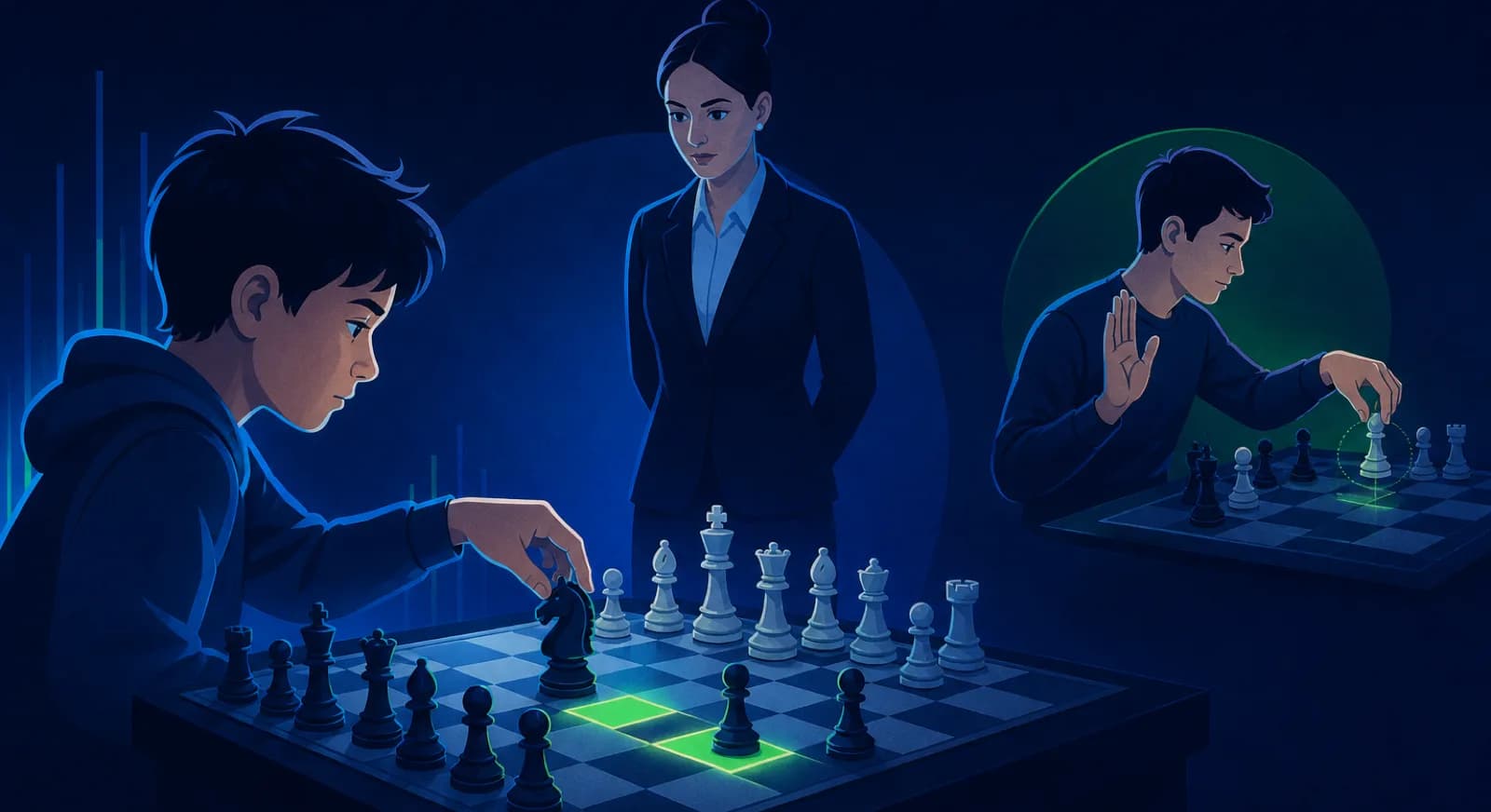 A tournament player must move a deliberately touched knight while an arbiter observes.