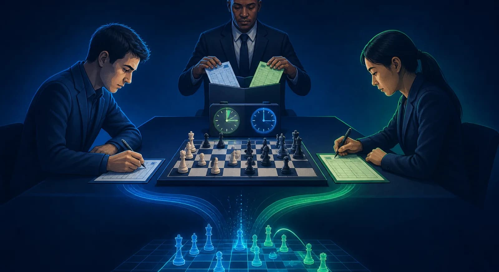 Tournament players record moves on scoresheets that become the official game record.