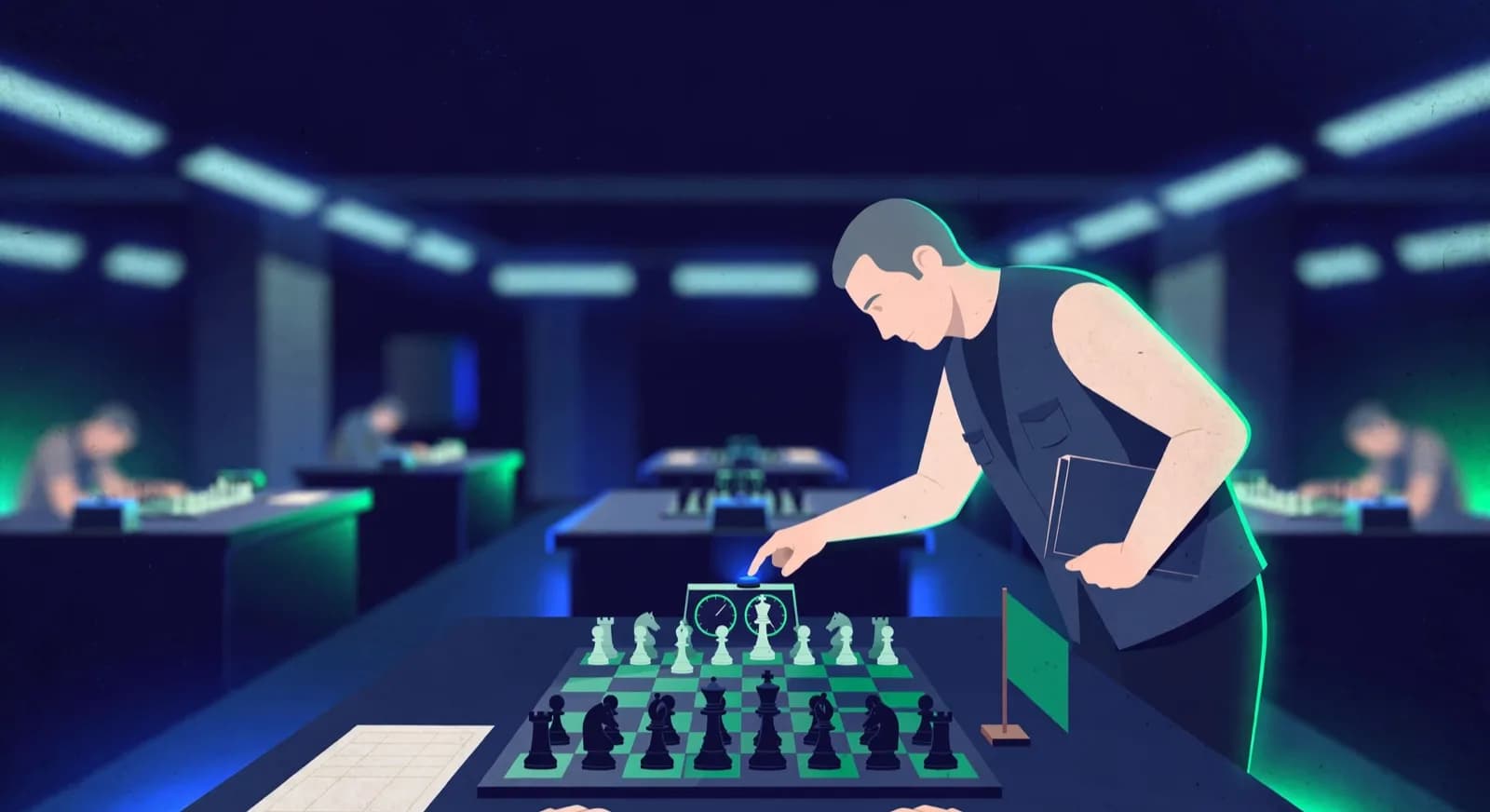 An arbiter pauses a dual clock over a disputed board in a tournament hall.