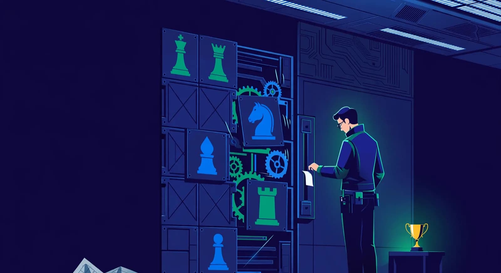 An arbiter drops a result slip into a wall chart of piece-silhouette tiles while a crumpled spreadsheet lies unused.