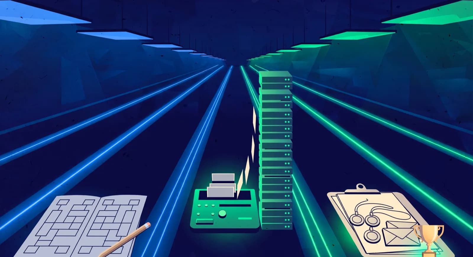 Three tournament lanes show a handwritten grid, an arbiter pairing console, and an academy entry clipboard.
