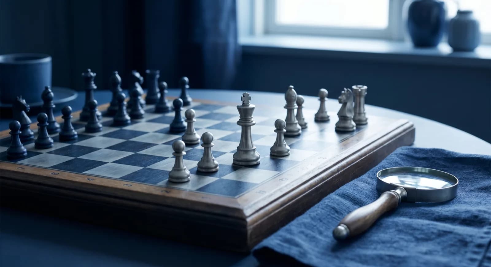 Glassy chess clock beside tournament pairing cards under cool studio light
