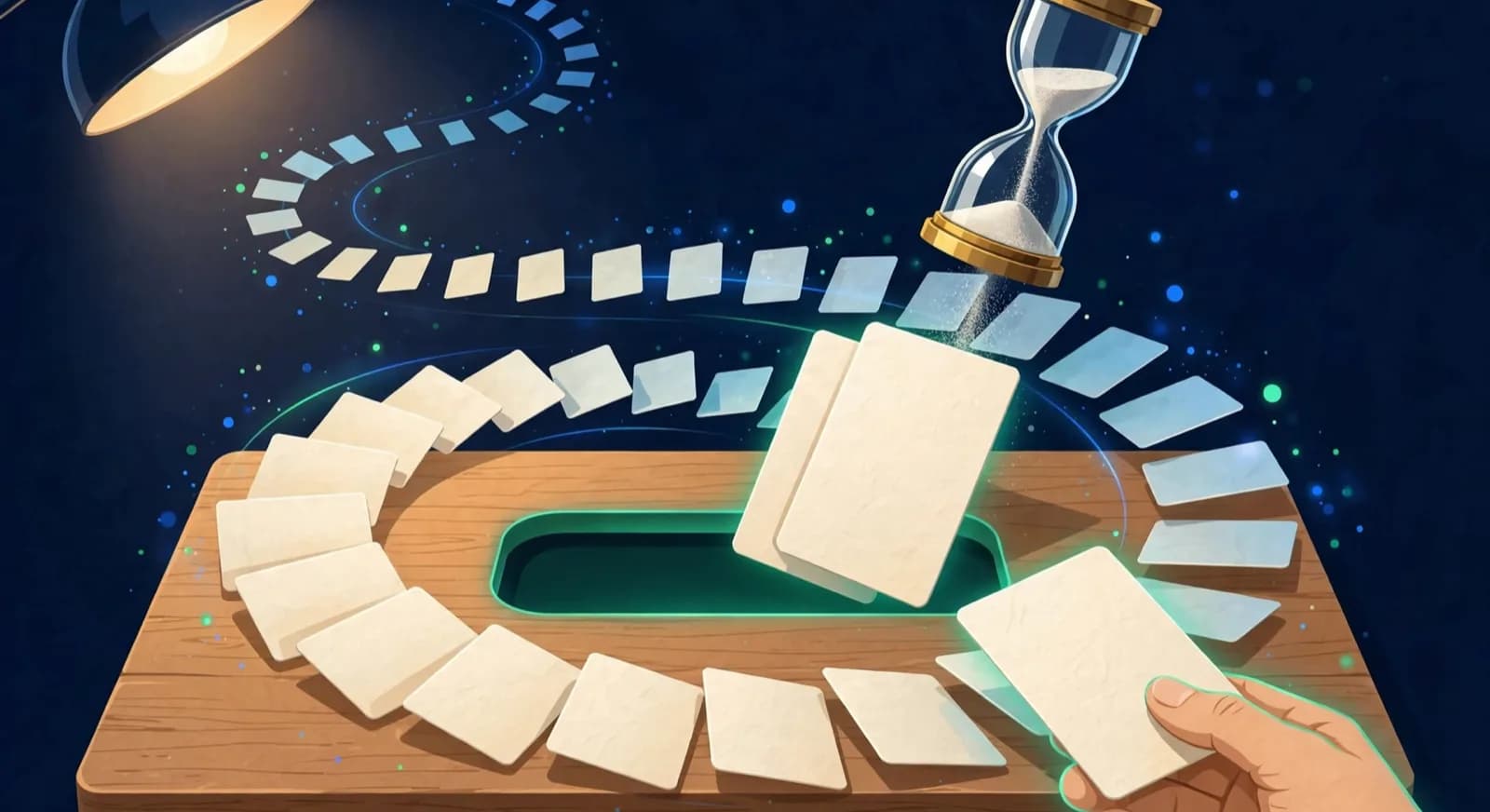 Spaced-repetition flash cards orbiting an opening position with a sand timer.