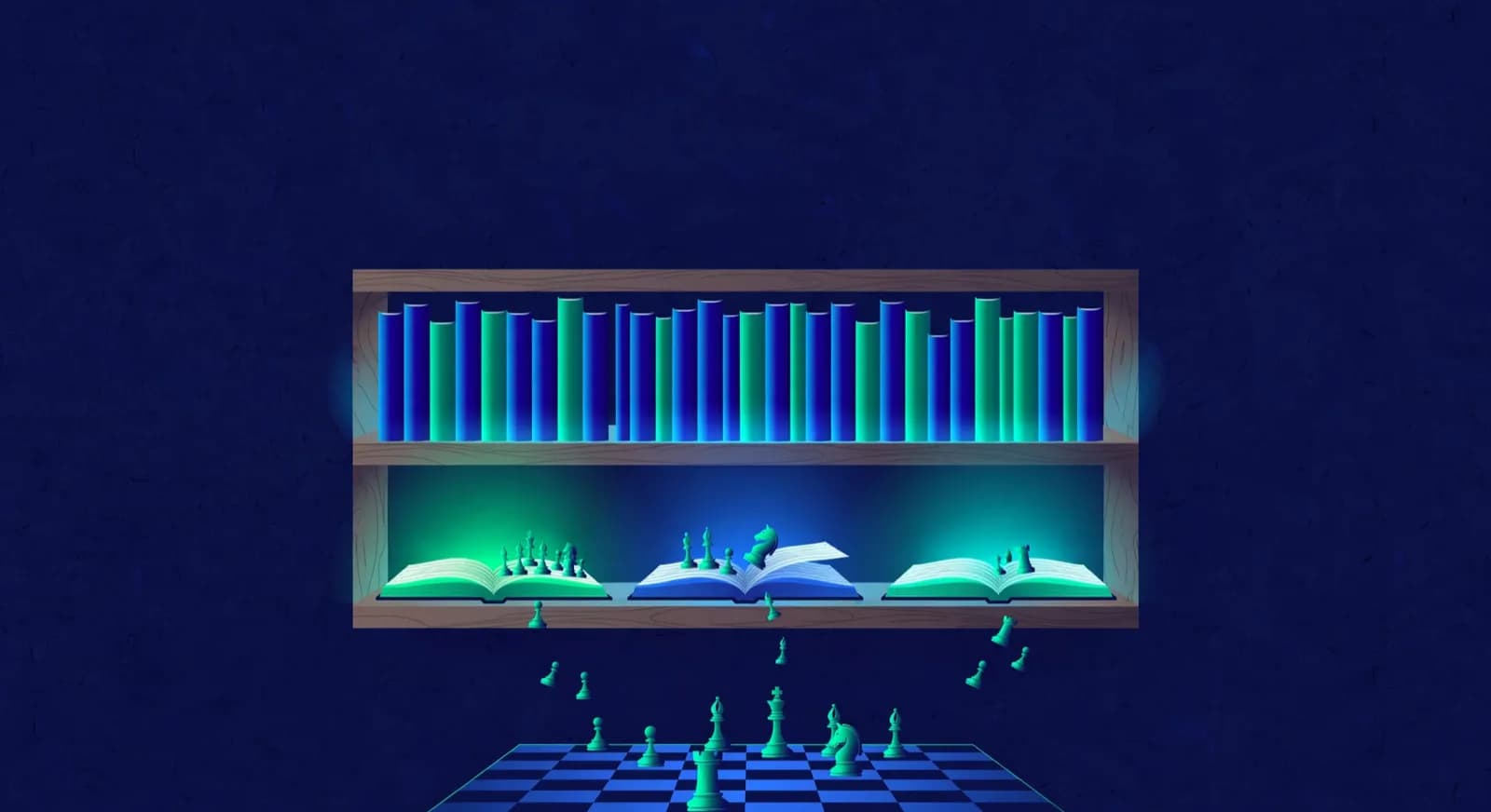 Illustration of glowing chess books with pieces stepping from open pages onto a board