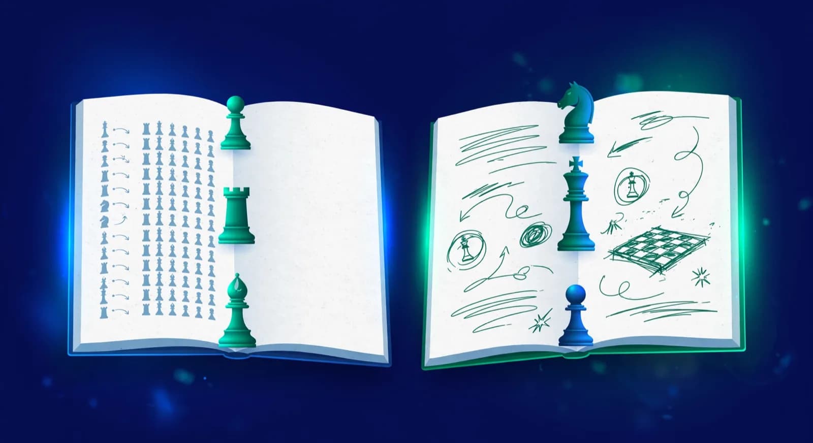Illustration of two open books facing each other, printed moves versus handwritten notes