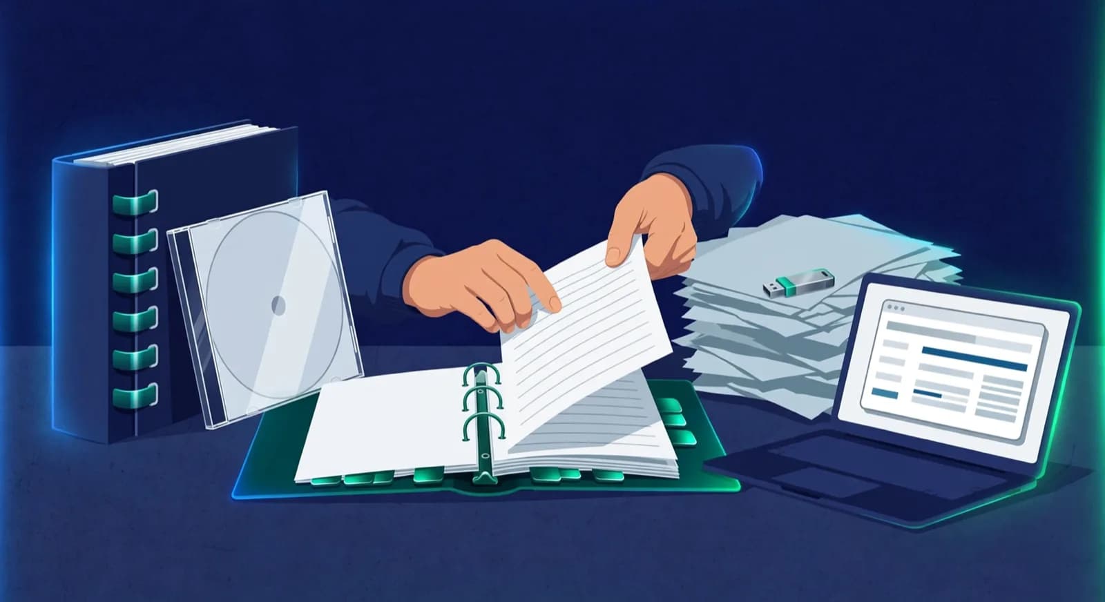 A coach sorts free game printouts beside a thick curated master-game binder.