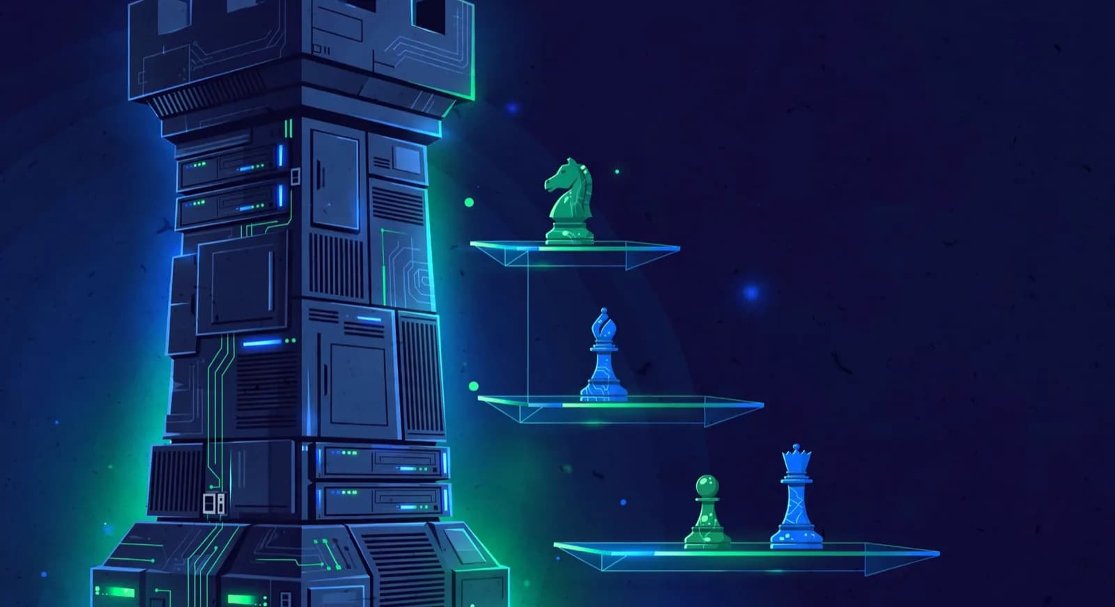 Illustration of a monolithic database tower rook beside smaller chess pieces on floating shelves