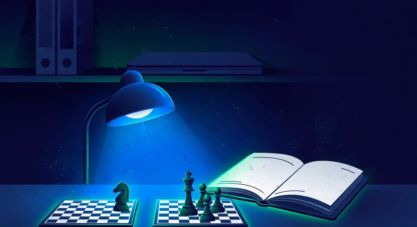 Two practice boards show a hanging knight and a king-and-pawn ending while a database binder sits unused on a high shelf.