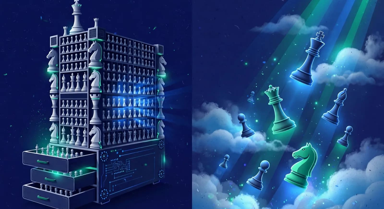 Split illustration of a desktop archive tower versus chess pieces on beams of cloud light
