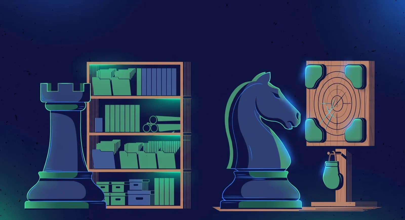 Illustration of a rook beside tidy archive shelves and a knight beside a sparring practice board