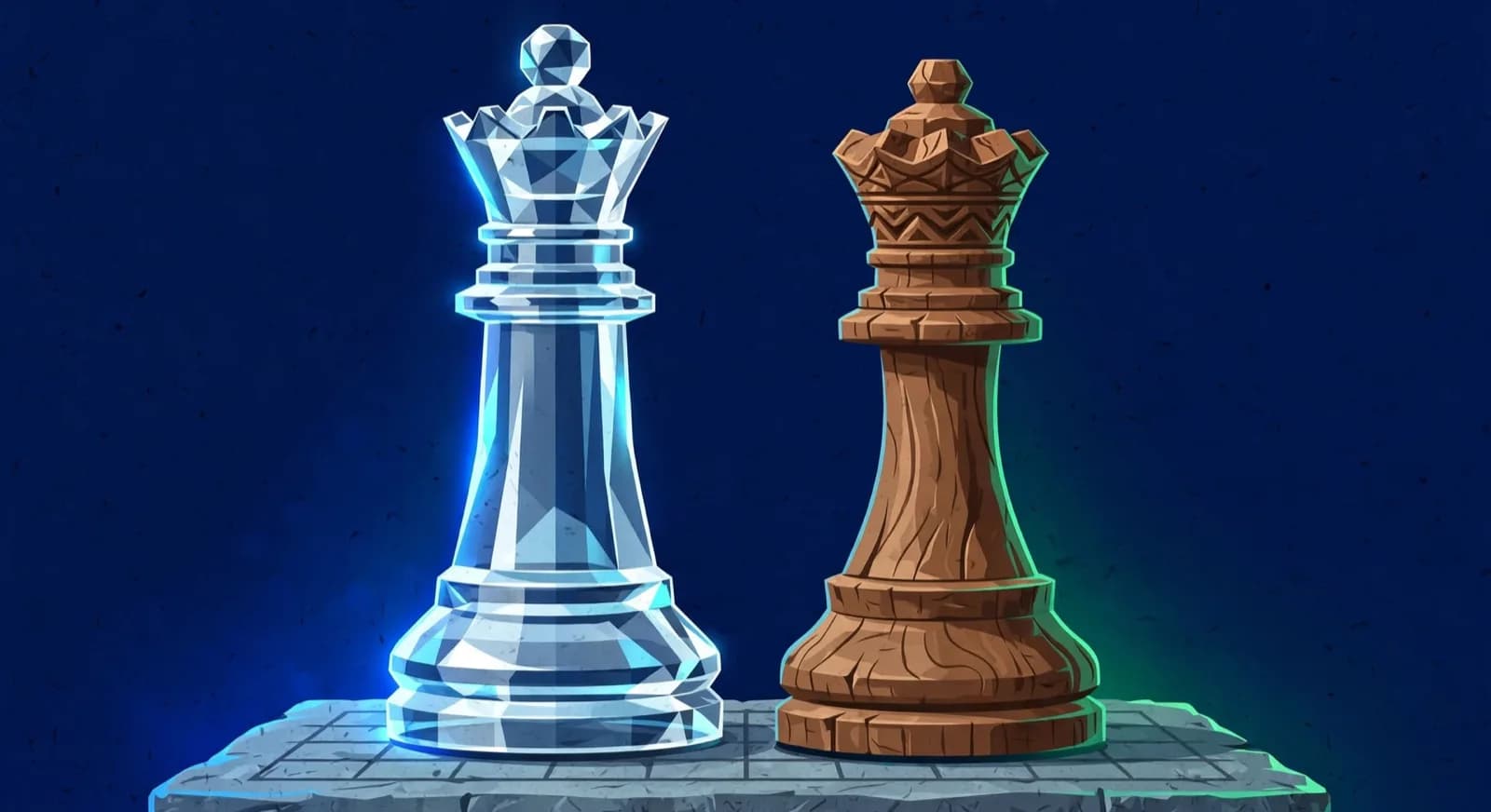 Illustration of a cut glass chess queen beside a handcrafted wooden queen on a stone plinth