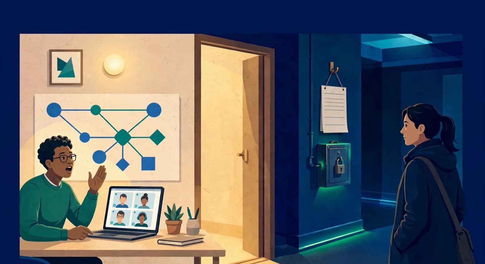 A bright online lesson room ends at a doorway where a ledger, cash box, and waiting parent sit in the hall.
