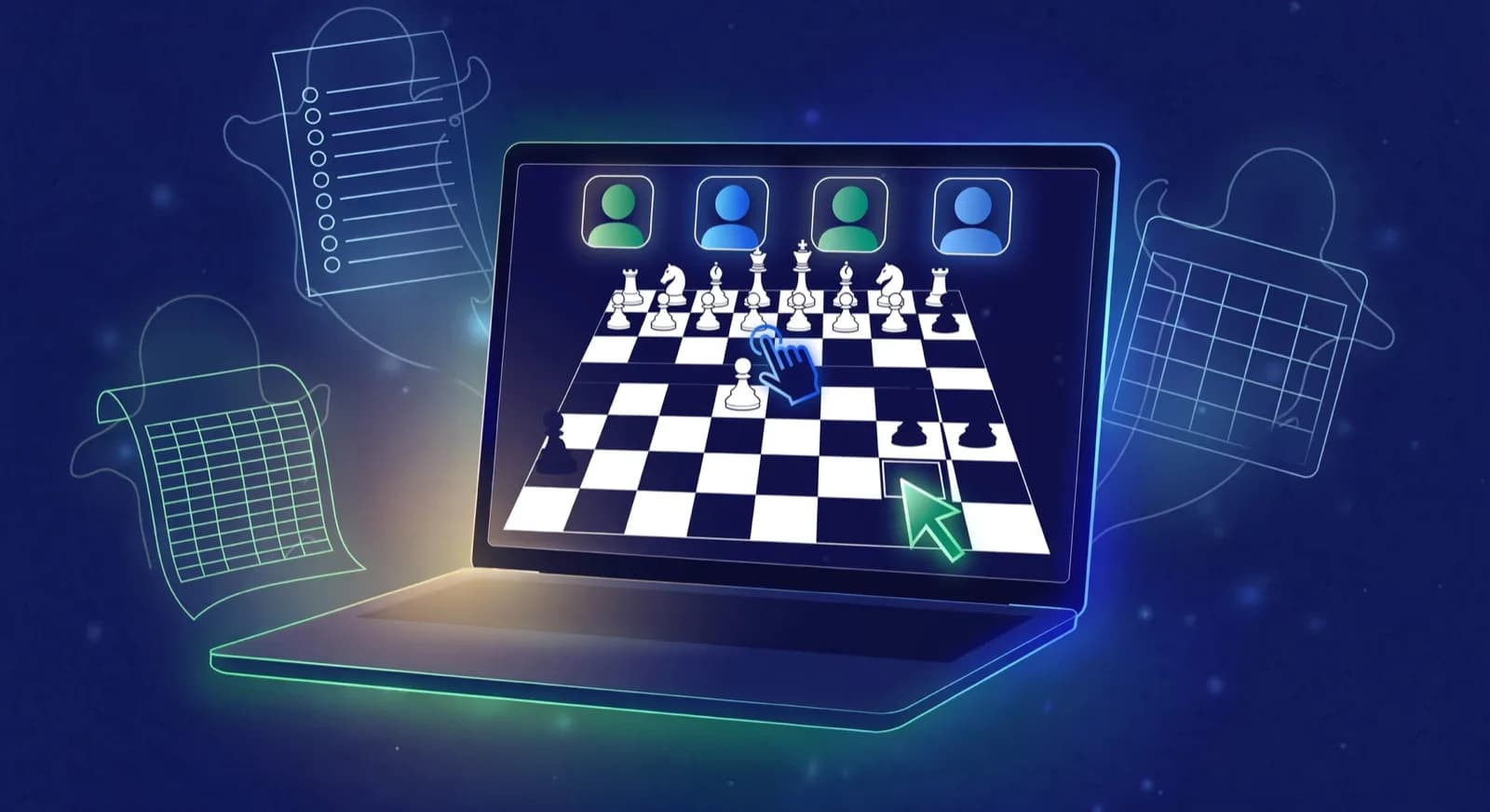Laptop showing shared board with video thumbnails and faint ghost shapes of register and ledger around it.