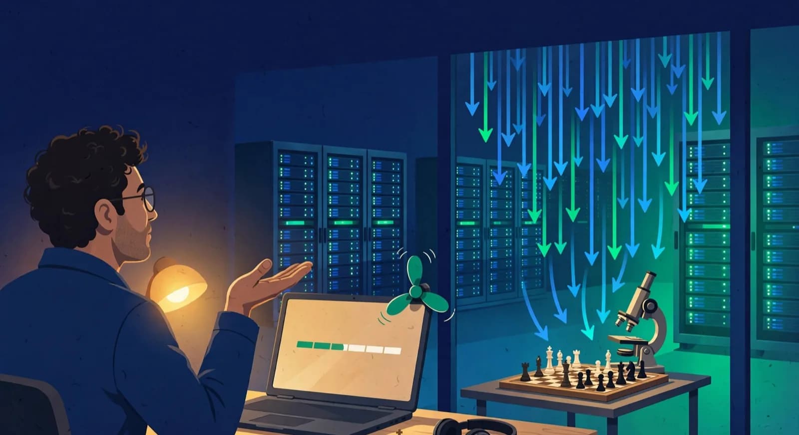 Club coach using a local laptop engine while distant cloud servers analyze a novelty.