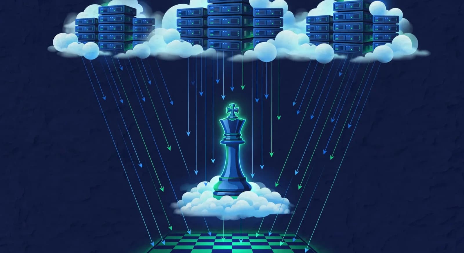 Illustration of a chess king on a cloud pedestal with server clouds sending evaluation arrows