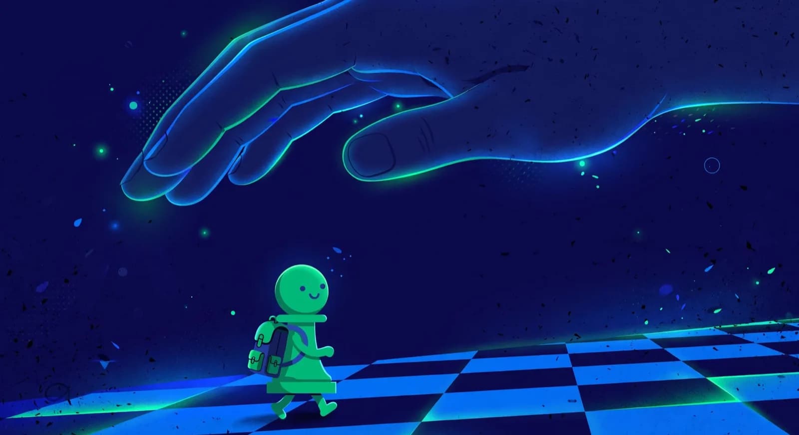 Illustration of a small pawn with a backpack sheltered by a parent hand on a chessboard path