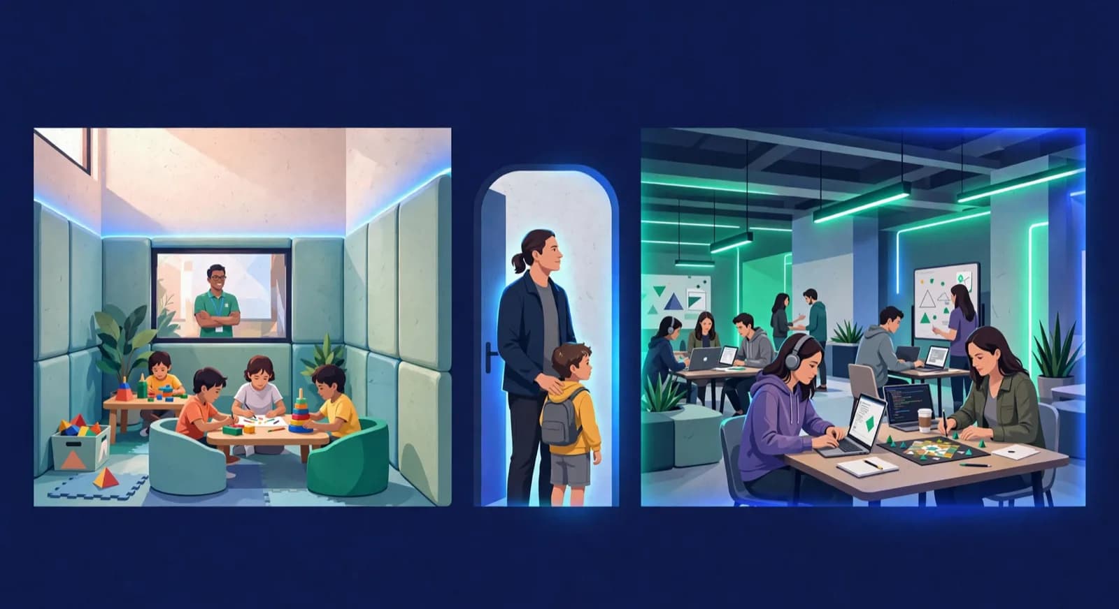 A parent chooses between a supervised kids club room and an open mixed play hall.