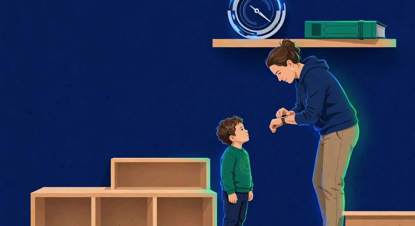 A child looks up from an empty kids puzzle shelf toward a higher adult analysis shelf while a parent checks a watch.