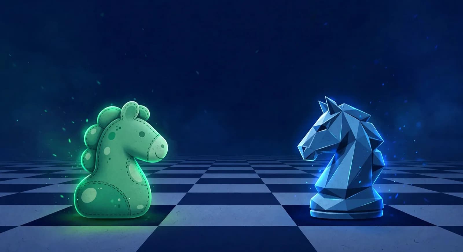 Illustration of a toy-like knight facing a sleek angular knight from a child height view