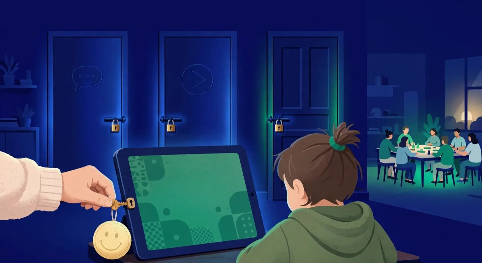 A parent locks a password key on a child's tablet while social doors stay closed and a mixed opponent hall remains visible.