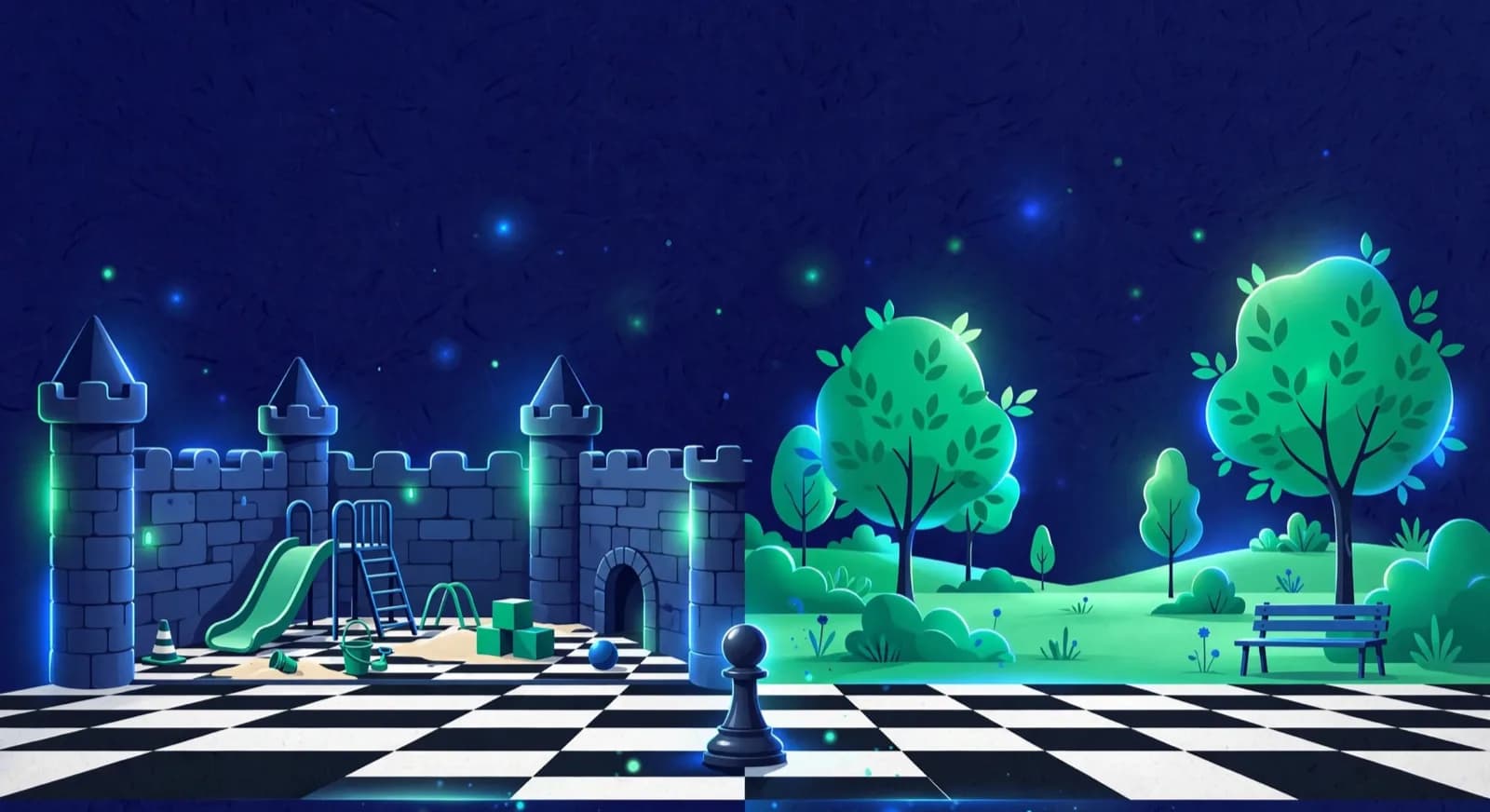 Illustration of a walled toy castle beside an open sunny park, both with chessboard floors