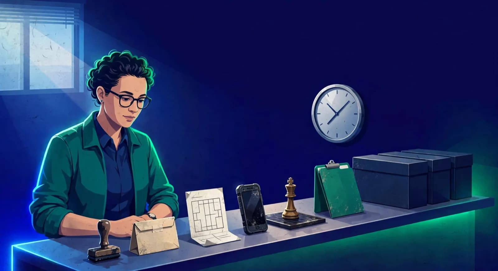 An academy owner ranks six worn work objects close to themselves while three closed software boxes wait at the far end of a counter.