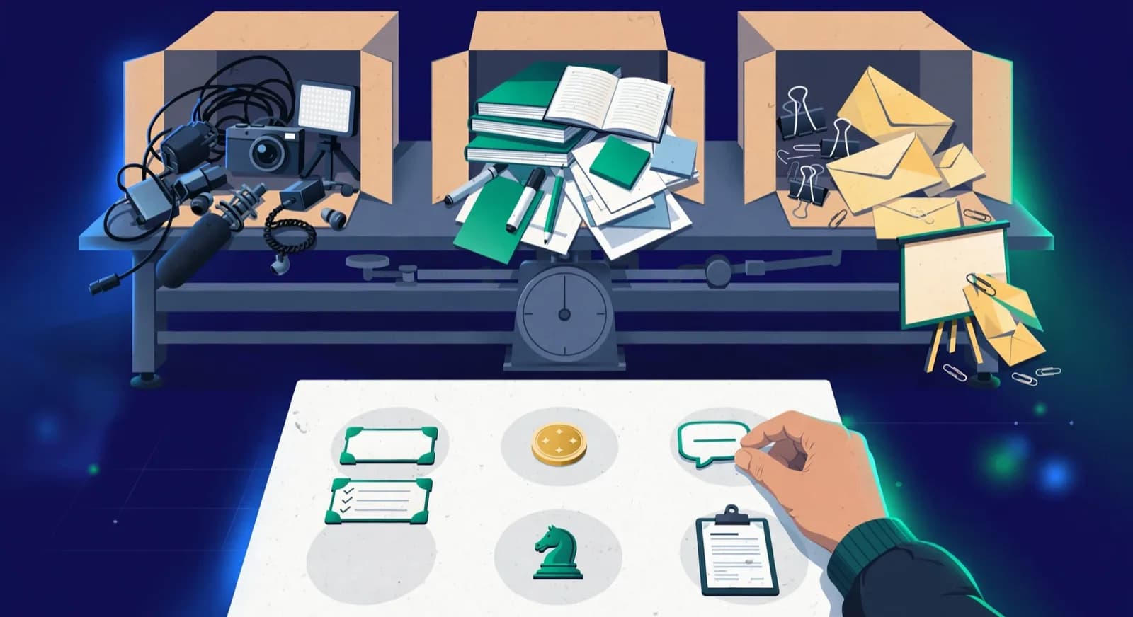 Three open vendor boxes sit behind a coach placing six job tokens onto a blank scorecard.