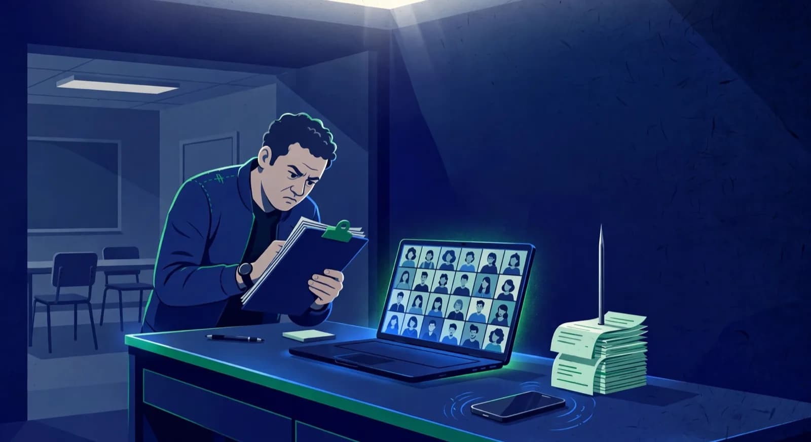 A coach stress-tests a live class screen, roster clipboard, fee receipts, and a buzzing phone at a standing bench.