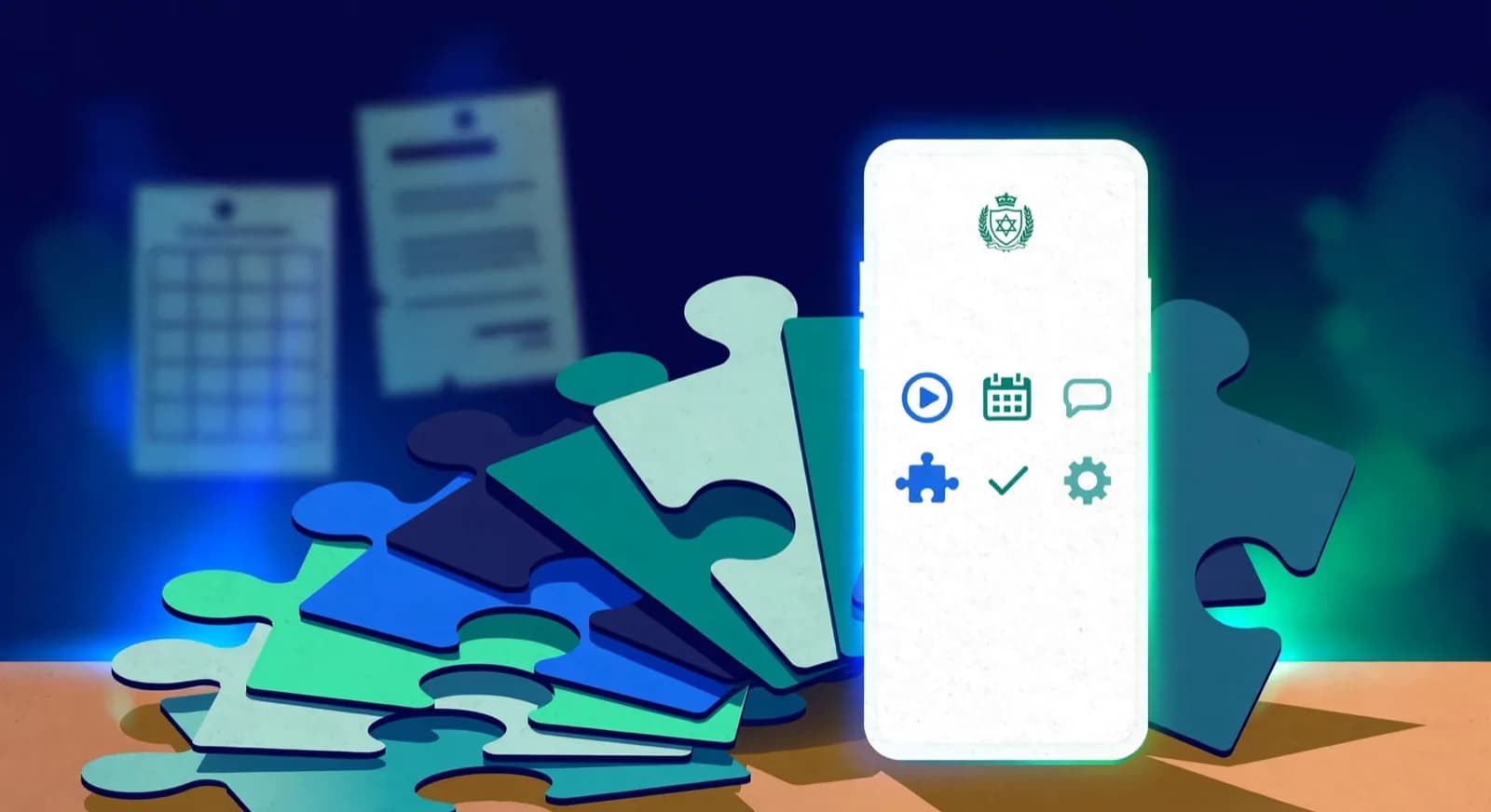 White smartphone with academy branded screen and puzzle cards fanned behind it on a desk.