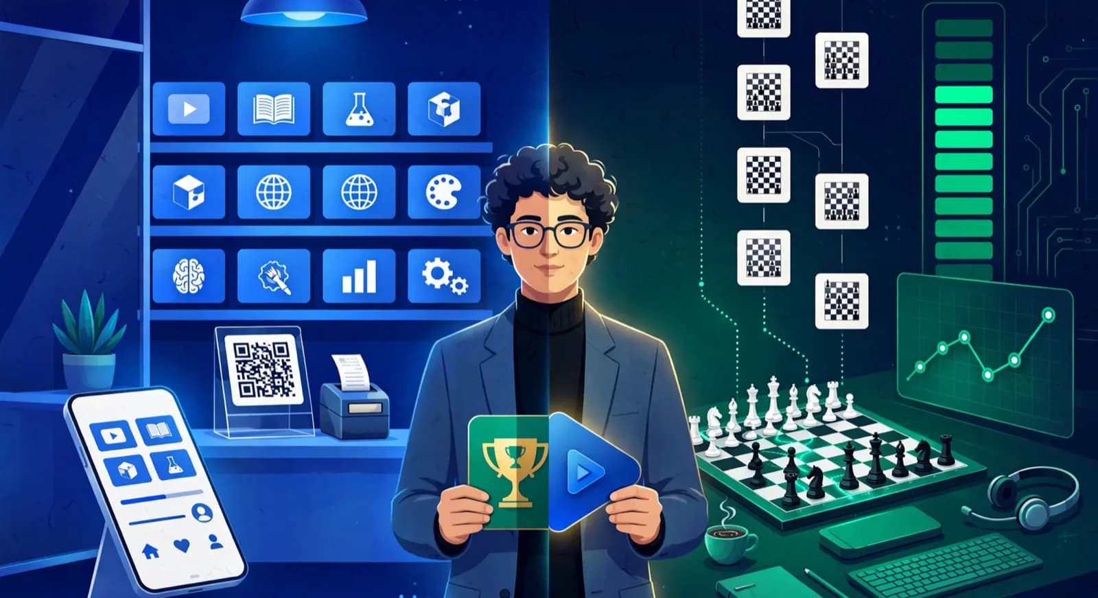 Split view of a generic class app storefront beside chess-native game and rating tools.