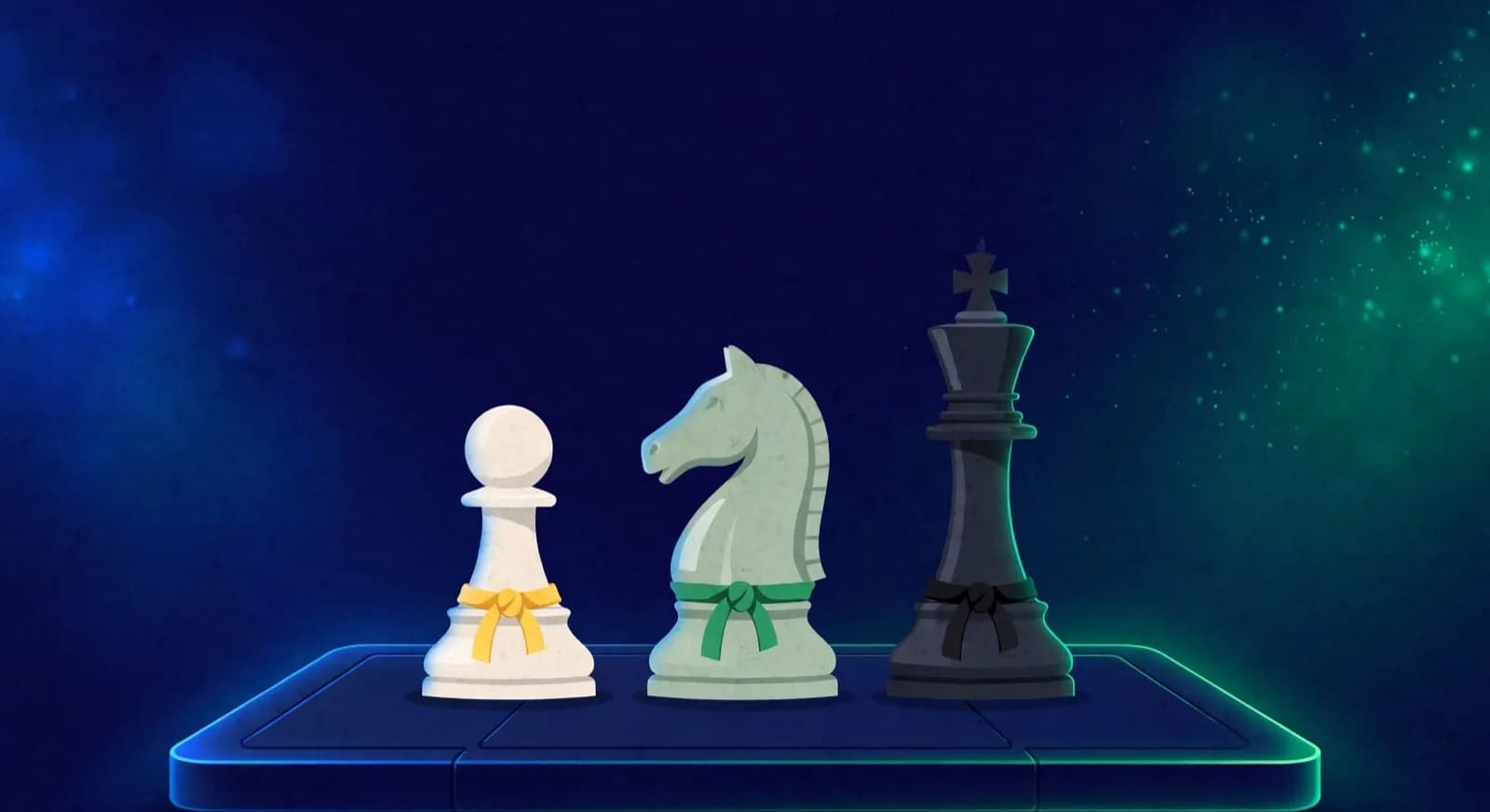 Illustration of chess pieces wearing colored martial arts belts on a tablet shaped podium