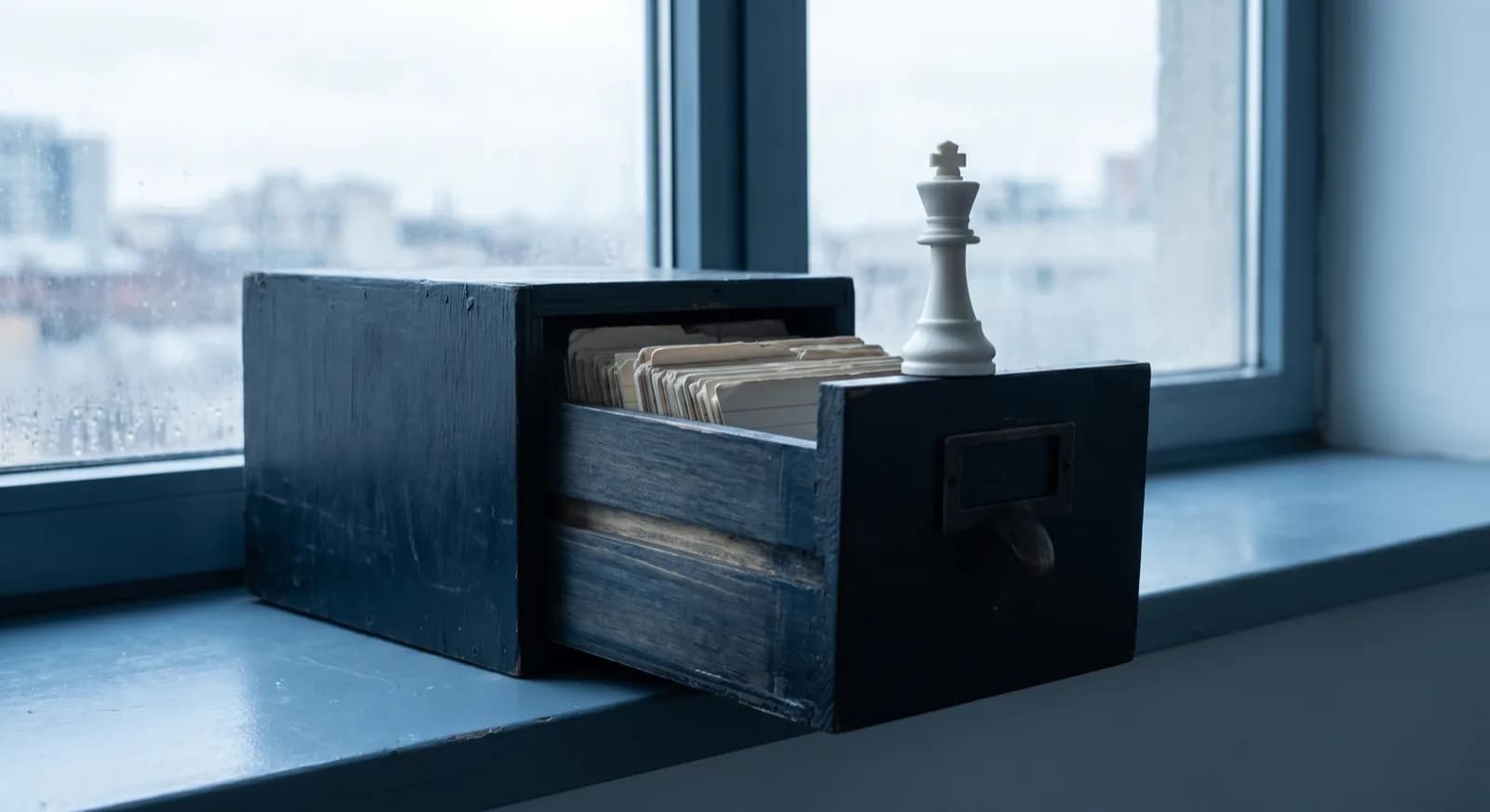Glass chess pieces beside a small stack of coins in cool blue light