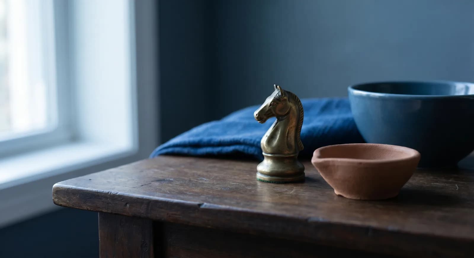 A glass chess king beside an embossed seal in cool light