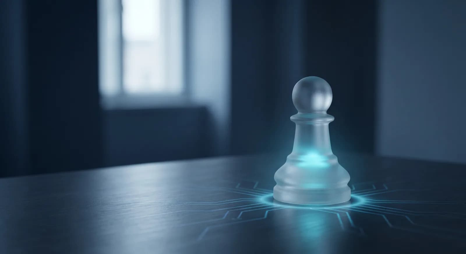 Glass chess pieces reflected on a glossy dark surface in cool tones