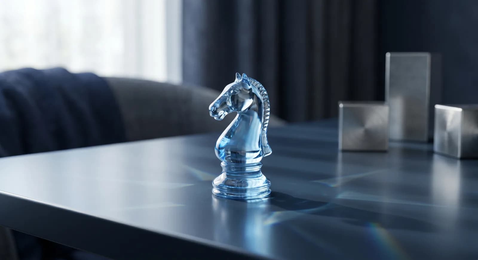 A glass chess knight beside a coach's notebook under cool studio light