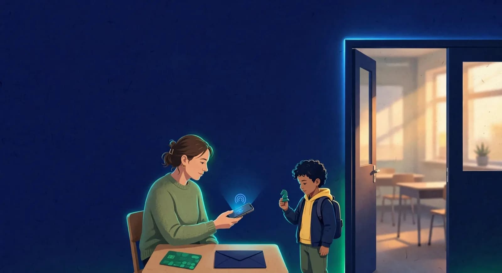 A parent taps a payment on a phone at a quiet side desk while a pre-filled batch card and fee envelope wait beside a child holding a piece.