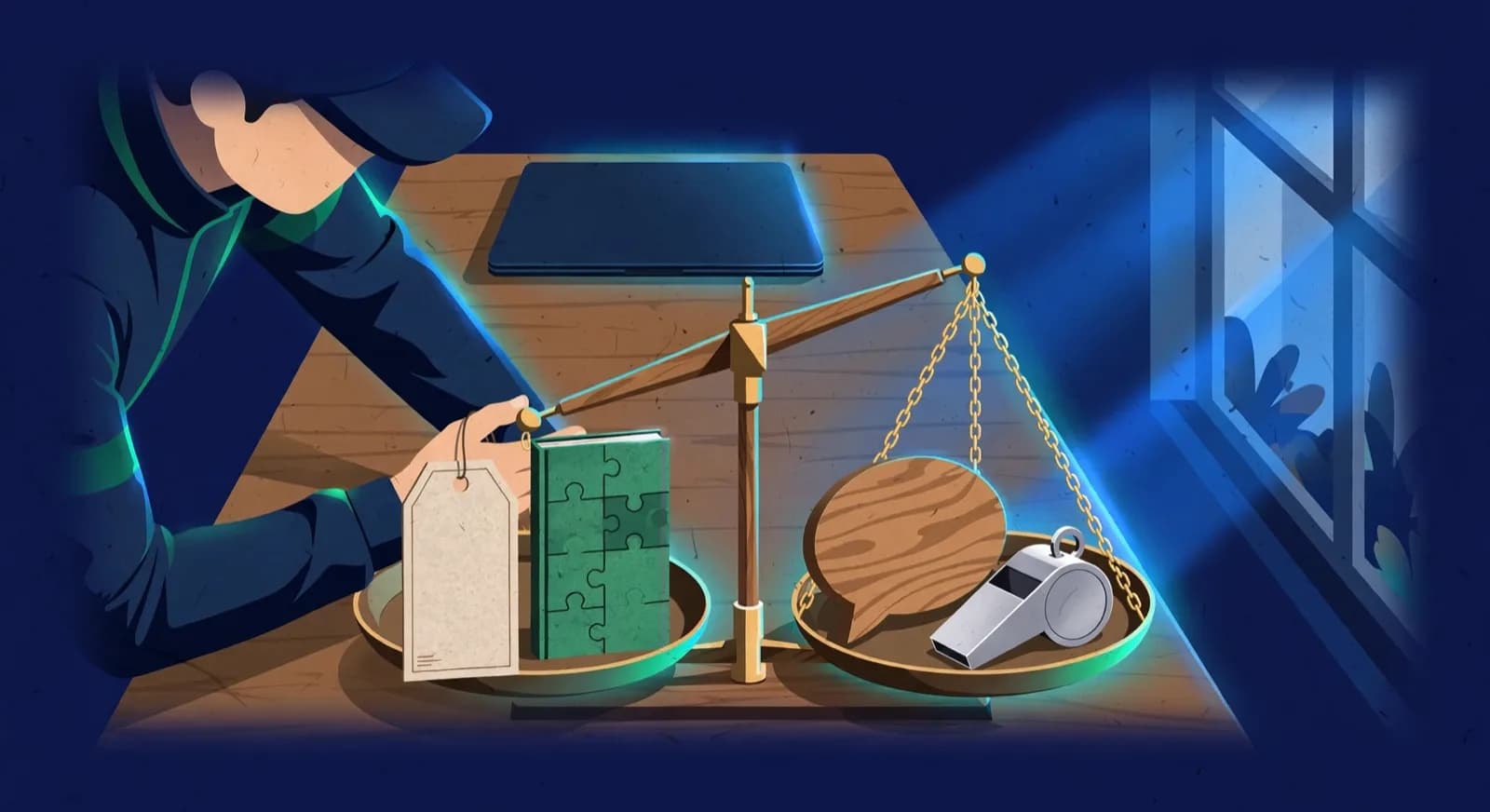 A player steadies a balance scale with a speech token and whistle outweighing a blank price tag and a puzzle book.